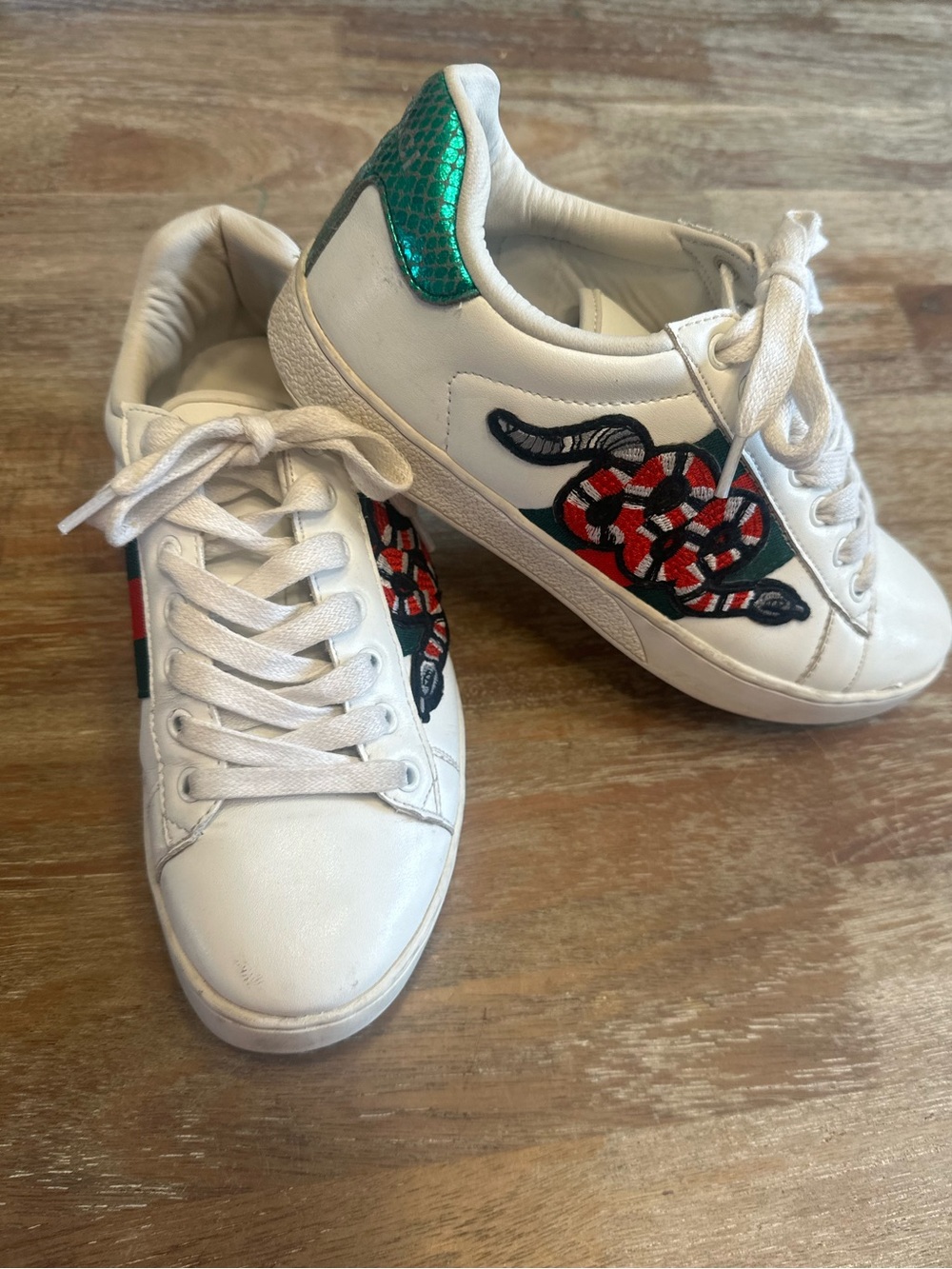 Gucci Ace Snake Embroidered Web Sneakers White Leather EU 36